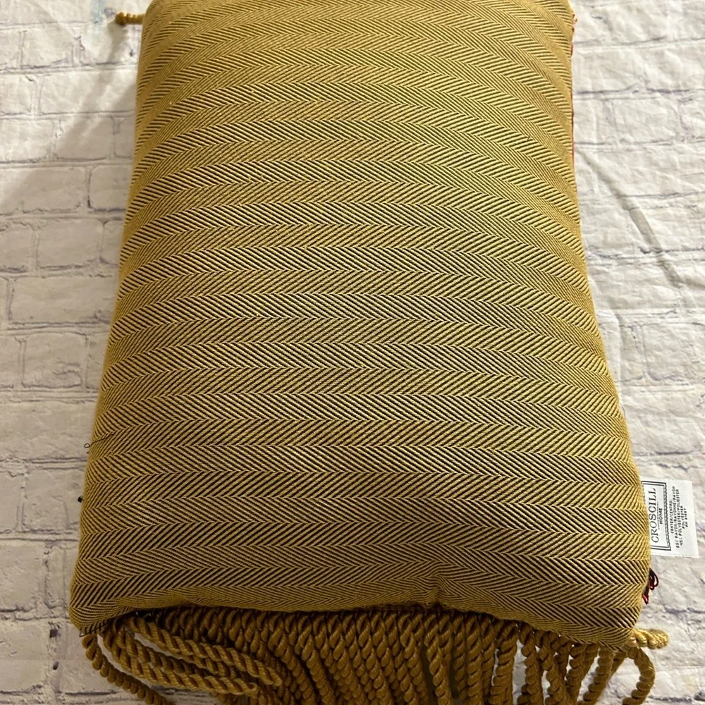 CROSCILL HOME EMBROIDERED RAYON BLEND BURGUNDY/OLIVE& GOLD TASSELS ACCENT PILLOW - Picture 8 of 10